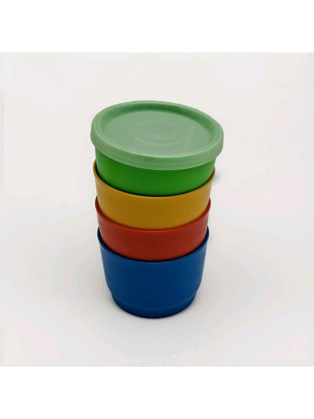 Vtg Tupperware Snack Cups Containers 1229, 297 G Seal ORange Yellow Blue Green